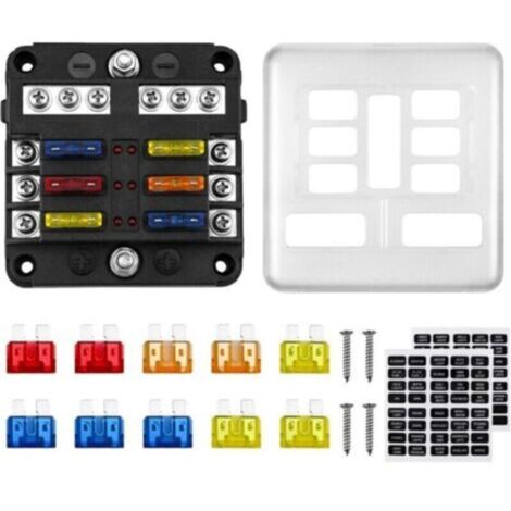 Boîte à fusibles 6 voies 12 V – TRIMEC – avec 10 fusibles ATO, voyants LED, couvercle de protection et autocollants – 100 A / 32 V