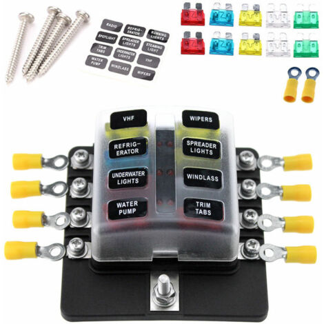 Boîte à fusibles 8 voies (bornes à vis) avec indicateur LED + 10 fusibles (10A  2,15A  2,20A  2 25A  2,30A  2) + 10 bornes jaunes + autocollant