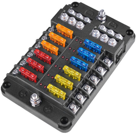 Boîte à fusibles avec indicateur LED, couvercle anti-humidité - 12 voies avec barre omnibus négative, porte-fusible à vis, convient aux automobiles, bateaux, camping-cars et camions, fusible inclus.