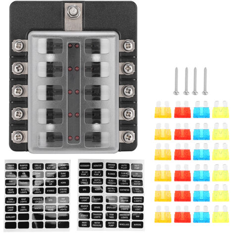Boîte à fusibles avec support LED pour bateau de voiture, kit de boîte à fusibles portable avec autocollants et fusibles pour circuits de voiture