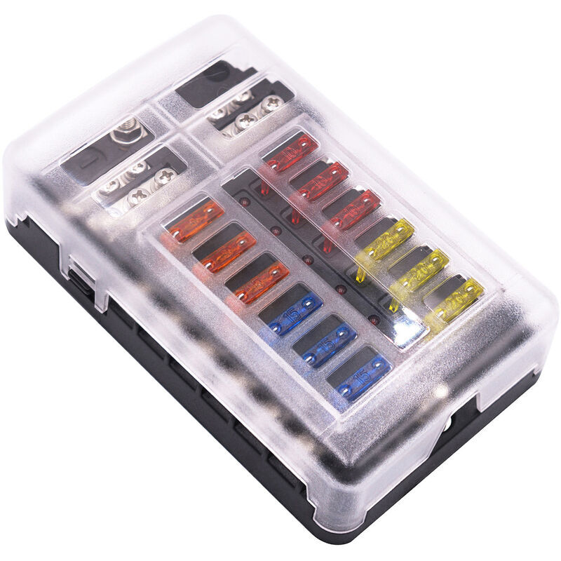 Boîte à fusibles multi-voies pour voiture Porte-fusible pour voiture et bateau à pôles positifs et négatifs à 12 voies avec boîte à fusibles à