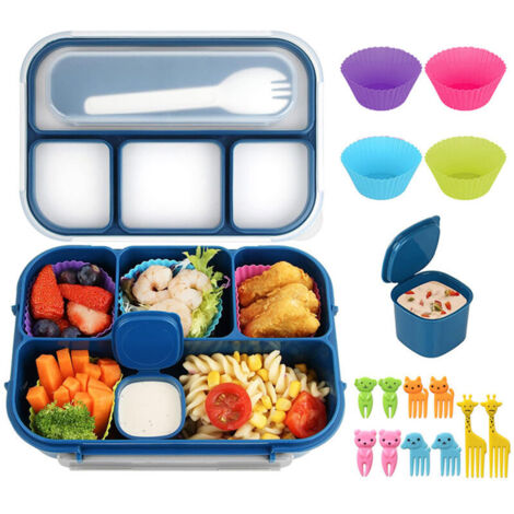 Boîte à lunch Bento à 4 compartiments, récipient à sauce, couverts, pics à apéritif et moules à muffins pour l'école/