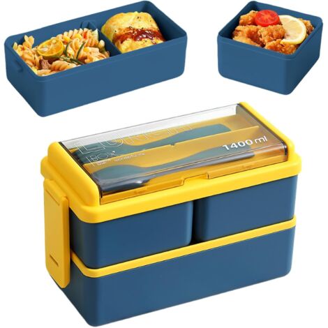 Boîte à lunch - Boîte Bento 1400 ml - Boîte à lunch avec compartiments et couverts - Plastique - Convient au micro-ondes - Anti-fuite- Bleue