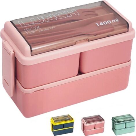 Boîte à lunch - Boîte Bento 1400 ml - Pour adultes et enfants - Boîte à lunch avec compartiments et couverts - Plastique - Convient au micro-ondes - Anti-fuite - Rose