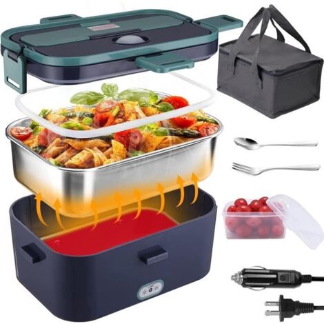 Boîte à Lunch chauffante 60W Boîte à Repas1,6L Lunch Box Chauffante Électrique 12V/24V/220V avec Cuillère et Deux Compartiments