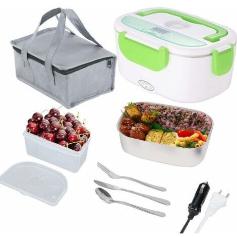 Boîte à lunch chauffante,Boîte à Repas 40w avec Cuillère et Deux Compartiments,Lunch Box Chauffante électrique 2 en 1,Gamelle Chauffante Acier Inoxidable 12V/24V/220V (Vert foncé)