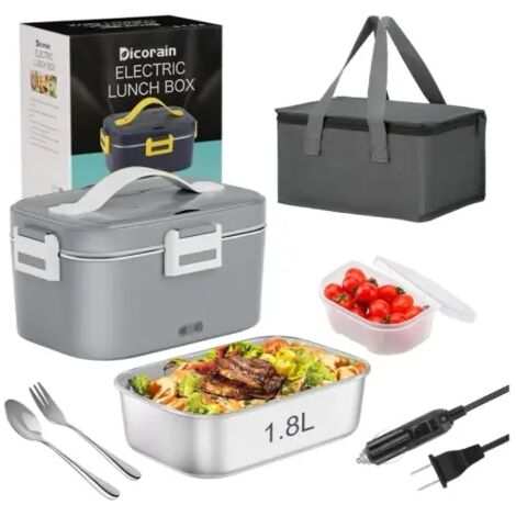 Boîte à lunch électrique 220 V (12 V/24 V, acier inoxydable 304) avec cuillère, fourchette et sac isotherme - Gris