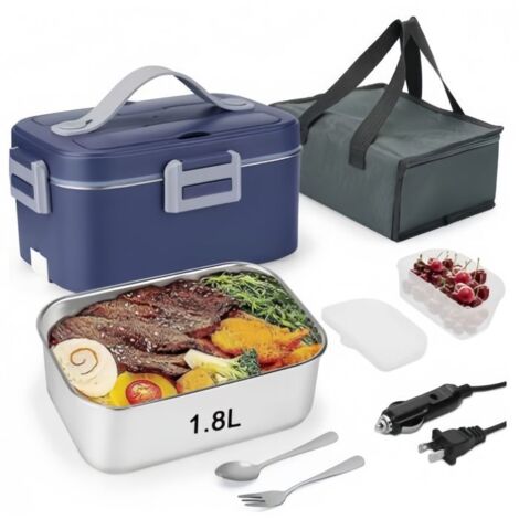 Boîte à lunch électrique avec sac thermique et couverts, Chauffe-plats 12V 24V 220V, Boîte à lunch en acier inoxydable 75W 1,8L