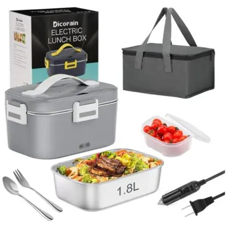 Boîte à lunch électrique pour la maison, 220 V (12 V/24 V, acier inoxydable 304), avec cuillère et fourchette + sac isotherme - Gris