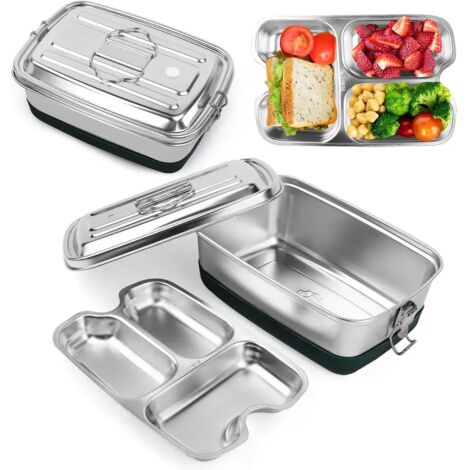 Boîte à lunch en acier inoxydable de 2000 ml, boîte à lunch en métal à double paroi, conception à trois compartiments, boîte à lunch étanche avec joint d'étanchéité, boîte à lunch de voyage portable.