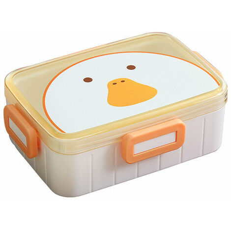 Boîte à lunch en plastique de dessin animé (jaune rectangulaire de 600 ml), jolie boîte à lunch pour enfants à quatre boutons, boîte à lunch portable pour micro-ondes étudiant