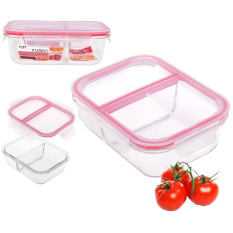 Boîte à lunch en verre résistant à la chaleur, rectangulaire, en deux parties, deux compartiments avec couvercle, référence FUSION 81456, hermétique, 950 ml, pour aliments, fermeture à clip, joint en 