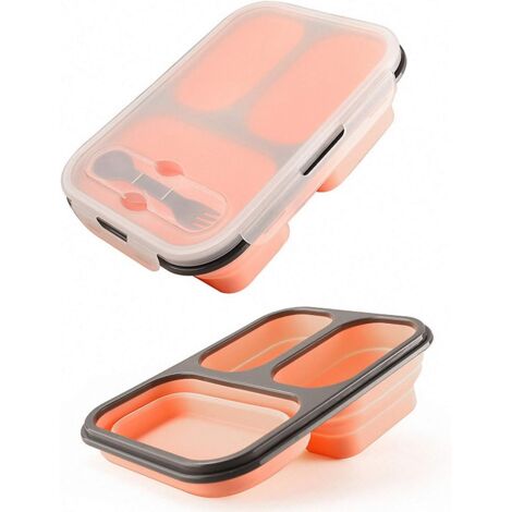 Boîte à lunch pliable en silicone, sûre et sans BPA (trois compartiments-1100 ml-rose)