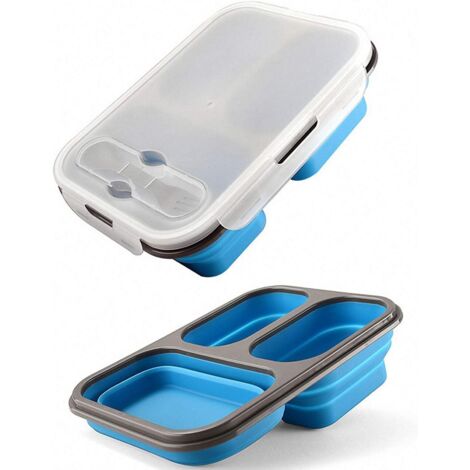 Boîte à lunch pliable en silicone, sûre et sans BPA (trois compartiments-1100ml-bleu)