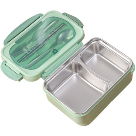 Boîte à lunch portable en acier inoxydable 304, étanche, compatible micro-ondes, avec compartiments alimentaires, cuillère et baguettes incluses.