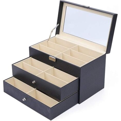 Boîte à lunettes de soleil à 3 couches avec 18 mailles et 2 tiroirs avec serrure Noir