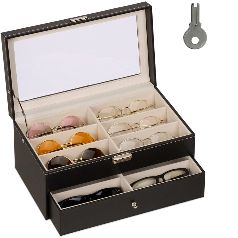 Relaxdays Rangement pour 12 paires de lunettes, fenêtre de visualisation, 15,5 x 33,5 x 19,5 cm, noir