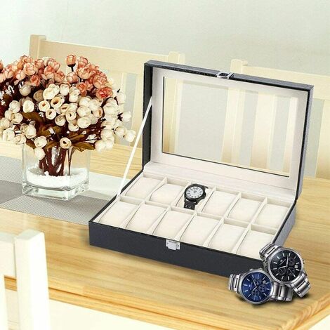 Ecrin à montres de luxe avec coussinets - Boîte de rangement pour montres -  Etui pour hommes / dames - Cuir noir - 12 compartiments pour montres