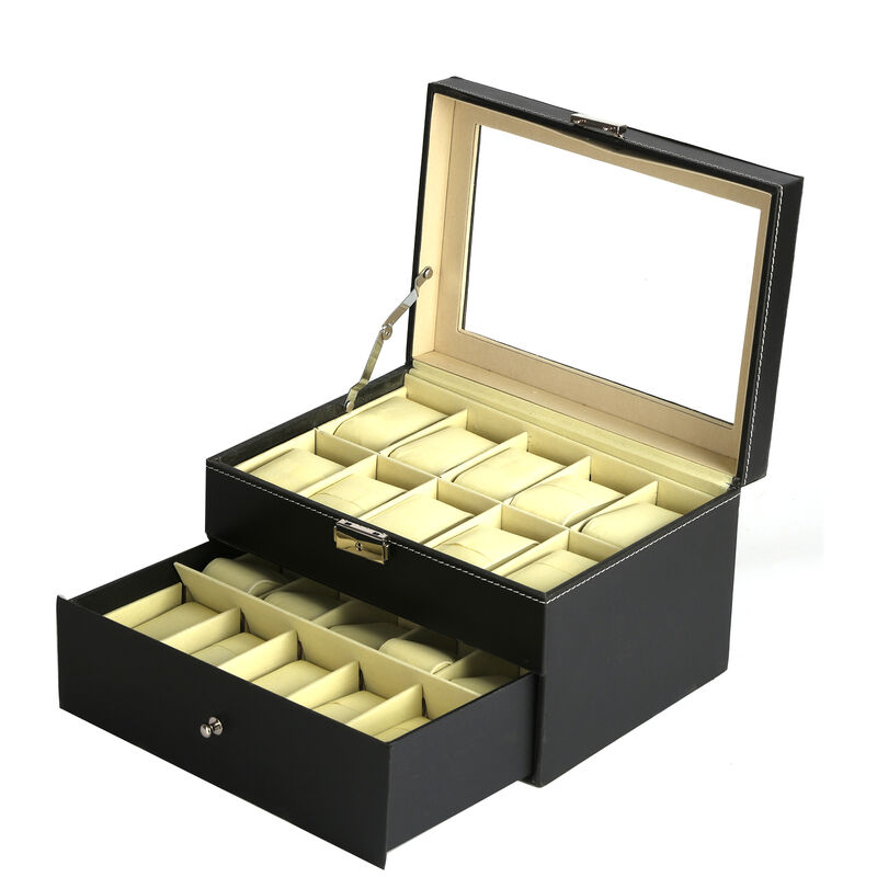 Boîte à Montres à 2 couches Présentoir Rangement pour Montres en Cuir pu avec 20 Compartiments avec Couvercle en Verre Etui Porte Bijoux Montre Homme
