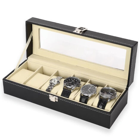 Boîte à montres à 6 compartiments en similicuir, étui de rangement pratique pour montres et accessoires