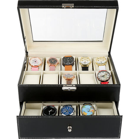 Boîte à montres Boîte à montres pour 20 montres Boîte à montres Regarder la boite de rangement Boîte à montre boîtier rangement bijoux Présentoir 20 place - Noir
