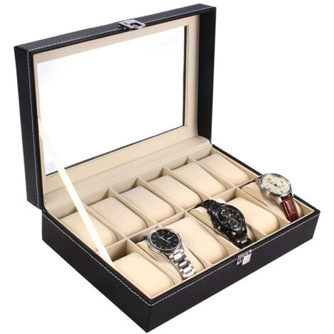 Boîte à montres, boîte de rangement pour 12 montres, boîte à montres, boîtier de montre en simili cuir noir