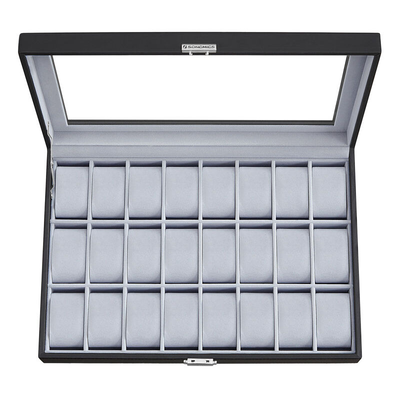 Songmics - Boîte à Montres, Coffret à Montres, Verrouillable, Écrin, Organisateur, avec 16 Compartiments, Couvercle en Verre, pu, Doublure en Gris et