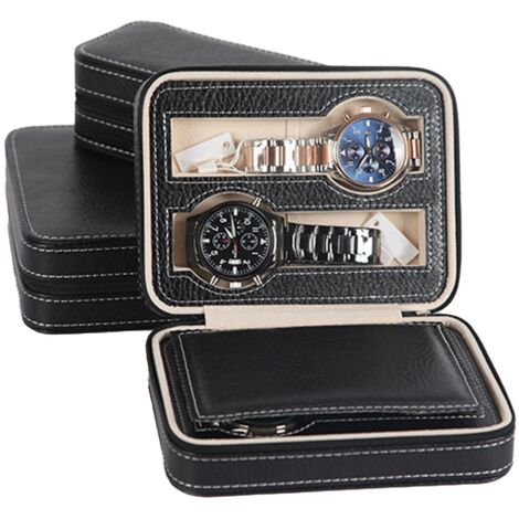 Boîte à montres portable avec fermeture éclair, rangement simple et élégant, étui noir à 4 emplacements