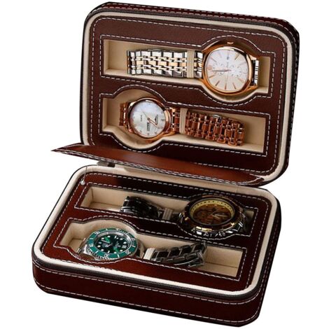 Boîte à montres portable avec fermeture éclair, rangement simple et élégant, marron, 4 emplacements