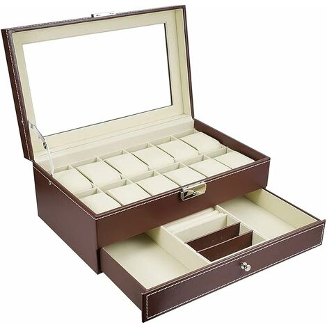 Boîte à montres pour homme à 12 compartiments Boîte à bijoux Boîte de rangement Verrouillable Plateau en verre Marron 30 x 20 x 13 cm