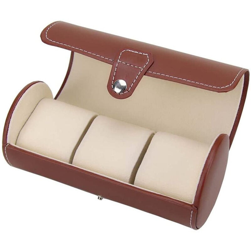 Boîte à Montres Ronde Etui à Montres en Cuir pu Présentoir Coffret Montres Boîte Rangement Montre Homme Femme Fille pour Cadeau Voyage(brun)