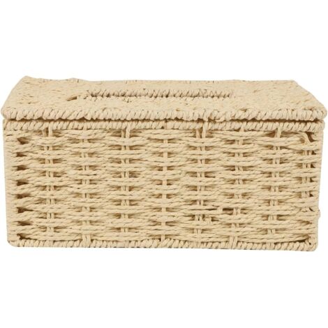 Boîte à mouchoirs en rotin, porte-serviette vintage, couvercle de conteneur de stockage, décoration de bureau (beige)