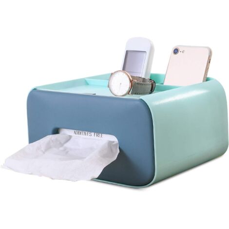 Boîte à mouchoirs rectangulaire double couche multifonctionnelle avec rangement indépendant (bleu)