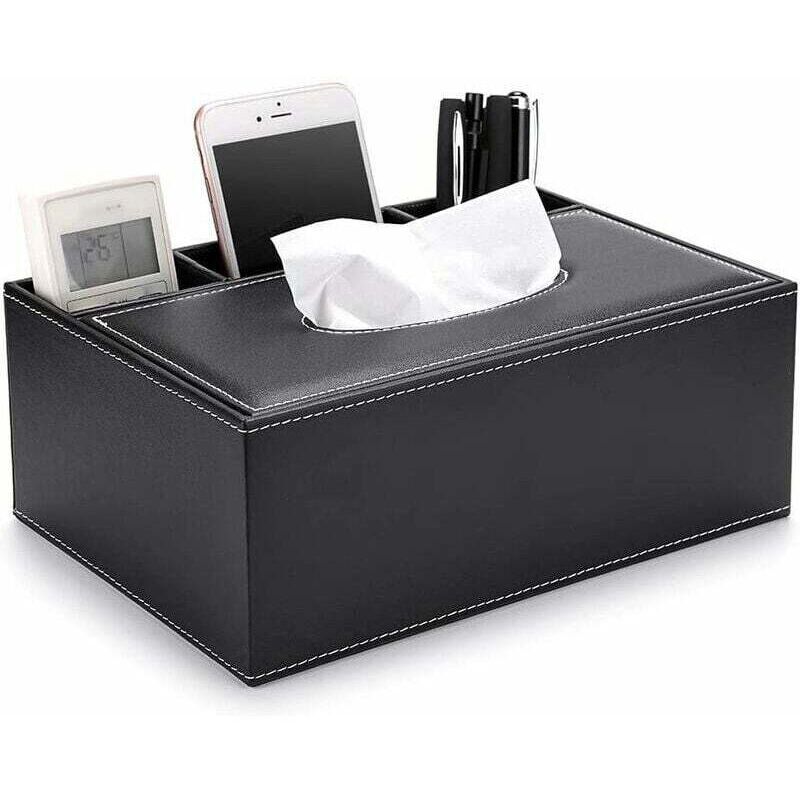 Boîte à mouchoirs rectangulaire en cuir PU avec boîte de rangement télécommandée - Boîte de rangement élégante et élégante pour porte-serviettes, noir