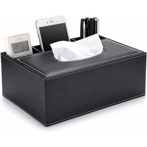 Boîte à mouchoirs rectangulaire en cuir PU avec boîte de rangement télécommandée - Boîte de rangement élégante et élégante pour porte-serviettes, noir