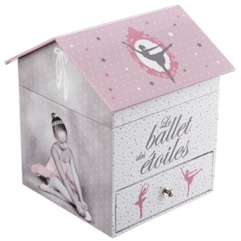 Boîte à musique rose avec ballerine, rangement pour bijoux, 14 x 14,5 x 16 cm