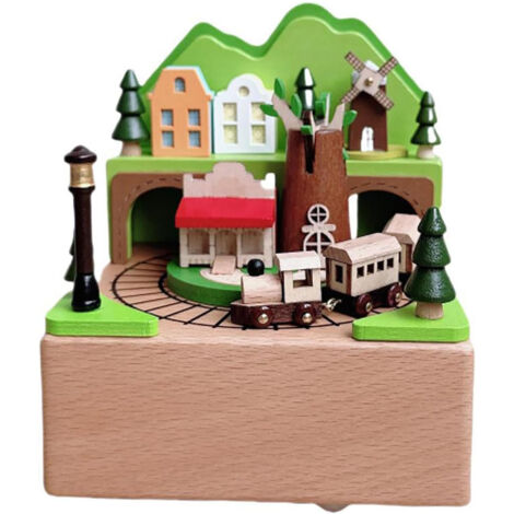 Boîte à musique vintage en bois, train de campagne avec mouvement musical - Artisanat manuel en bois octavo, décoration de comptoir ou ornement pour la maison (train mobile)