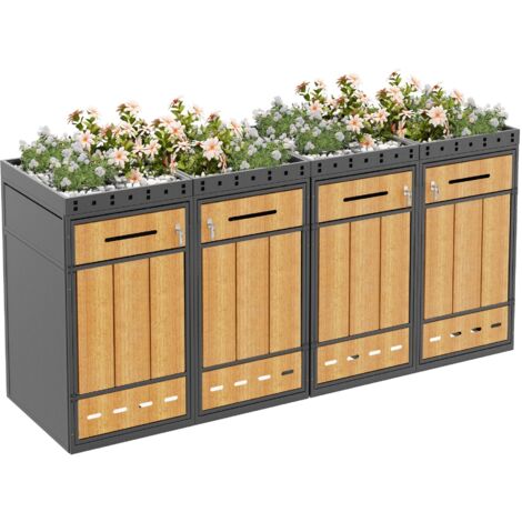 Boîte à ordures pour 4 poubelles 120-240L zone plantation compartiment rangement déchets.