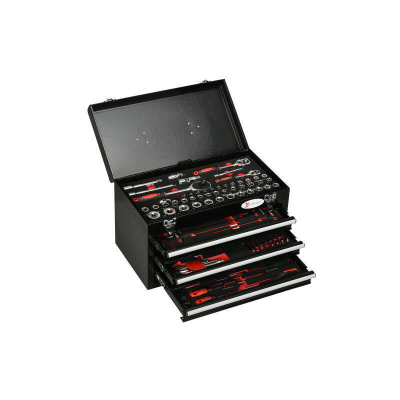 Boîte à outils 116 pièces avec caisse à outils remplie, clés à douilles, cliquets, 3 tiroirs, boîtier en acier noir