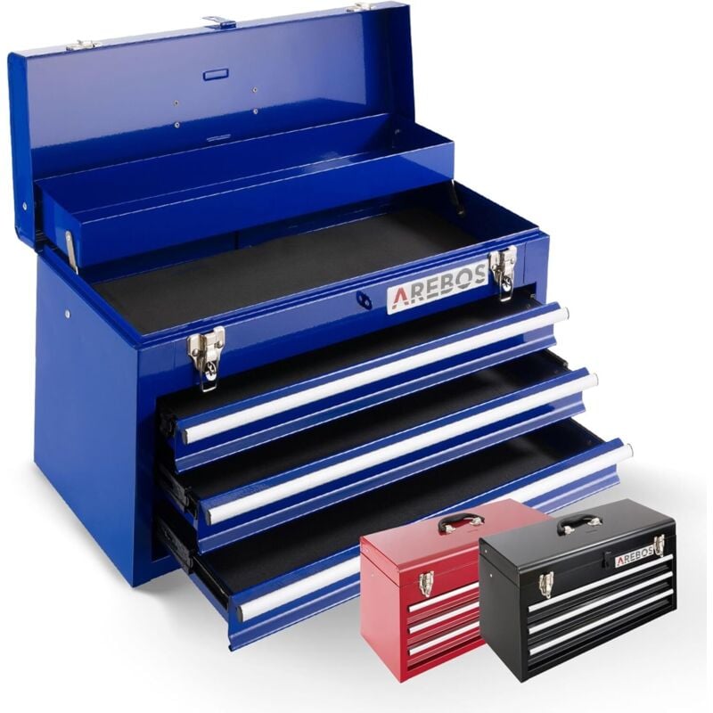 Arebos - Boîte à outils avec 3 tiroirs et 2 compartiments de rangement Bleu Poignée de transport et fermetures à pression Coffret à Outils Tapis