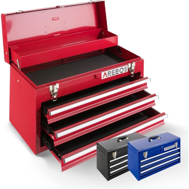 Arebos - Boîte à outils avec 3 tiroirs et 2 compartiments de rangement Rouge Poignée de transport et fermetures à pression Coffret à Outils Tapis