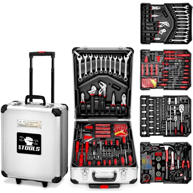 Bm Tools - Boite à Outils 399 pièces BMT-399-PCS en Chrome Vanadium avec mallette en aluminium et poignée télescopique