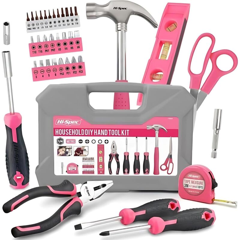 Boîte à Outils 42 Pièces Rose - Kit d'Outils Essentiels avec Coffret Portable - Marteau, Pinces, Tournevis et Accessoires - Idéal pour Bricolage à