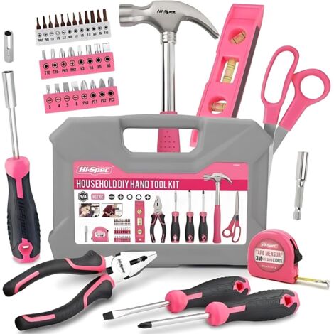 Boîte à Outils 42 Pièces Rose - Kit d'Outils Essentiels avec Coffret Portable - Marteau, Pinces, Tournevis et Accessoires - Idéal pour Bricolage à Domicile
