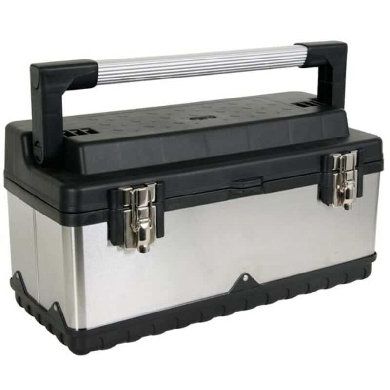 Perel - Boîte à outils, acier inoxydable, avec poignée en aluminium, plateau porte-outils amovible, fermetures métalliques, 505 x 235 x 225 mm