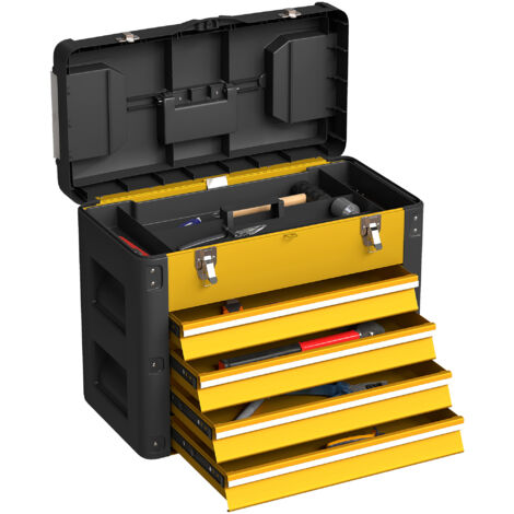 Boîte à outils jaune, 4 tiroirs, acier thermolaqué, plateau amovible, 49,7x25,3x40,7 cm.
