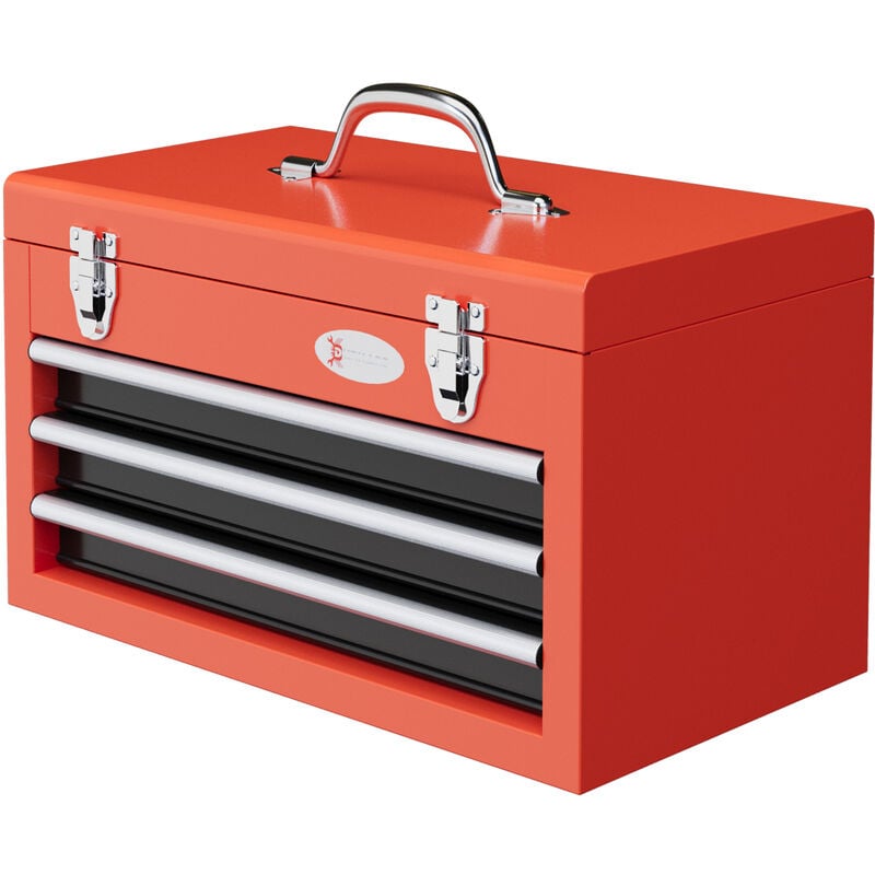 Boite à outils métallique caisse à outils 3 tiroirs + plateau tapis eva poignée tôle acier rouge noir