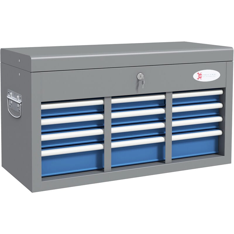 Boite à outils métallique caisse à outils - 6 tiroirs + plateau verrouillables - tapis eva poignées tôle acier gris bleu