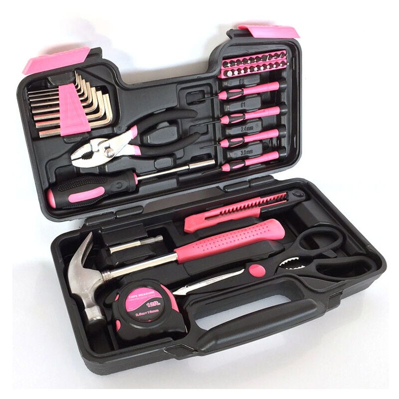 Boîte à Outils Rose 39 pièces pour Femmes, Kit de Bricolage Complet et Portable avec Pince, Marteau, Tournevis - Idéal pour Travaux et Réparations à