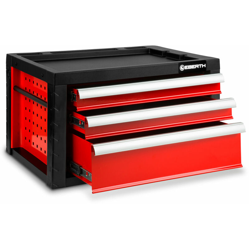Boîte à outils rouge sans outils (3 tiroirs sur roulements à billes, 2 poignées pratiques, grande surface de rangement, verrouillable, métal peint